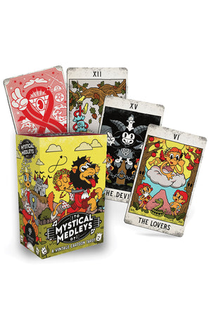 Box of Tarot cards in vintage cartoon style.