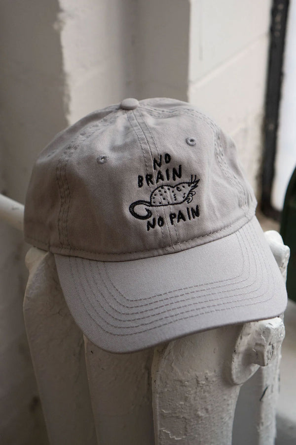 Grey 6 panel hat with black embroidered design of a Shrew that says No Brain No Pain around it. 