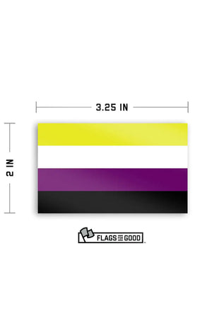 Sticker of the Nonbinary Flag on a white background. The flag features four horizontal stripes of yellow, white, purple and black. Dimensions are depicted in black text saying the sticker is 2x3.25 inches. 