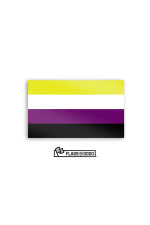 Sticker of the Nonbinary Flag on a white background. The flag features four horizontal stripes of yellow, white, purple and black. 