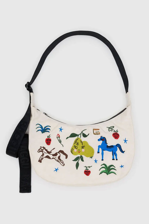 Medium Nylon Crescent Bag - Embroidered Painted Prairie