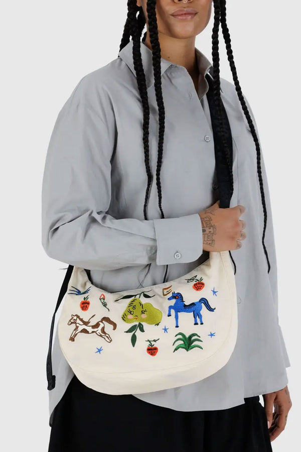 Medium Nylon Crescent Bag - Embroidered Painted Prairie