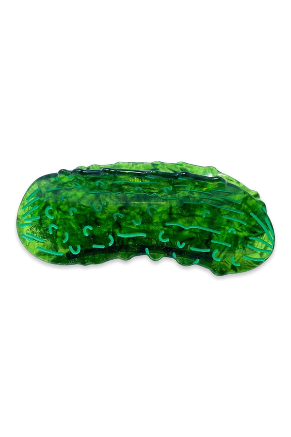 Green Pickle shaped hair clip. White background.