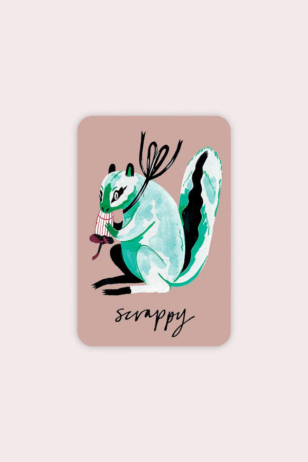 Pink rectangle sticker with rounded corners. The sticker features a green and black illustration of a squirrel eating a burgundy acorn and says Scrappy underneath it. Pink background.