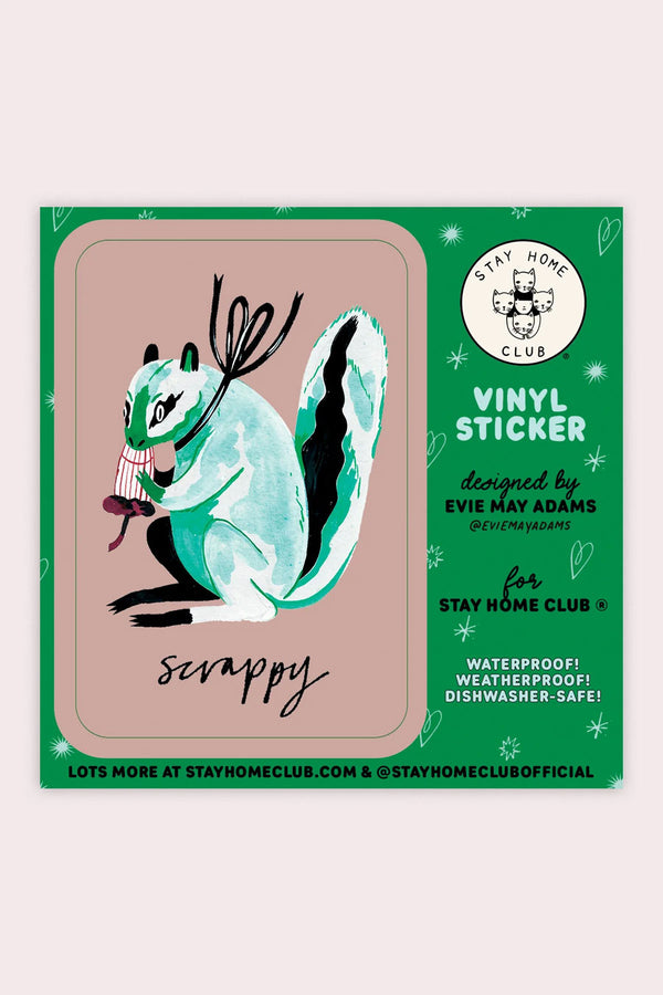 Pink rectangle sticker with rounded corners. The sticker features a green and black illustration of a squirrel eating a burgundy acorn and says Scrappy underneath it. Sticker is on a green backing card that says Stay Home Club, designed by Evie May Adams. light pink background.