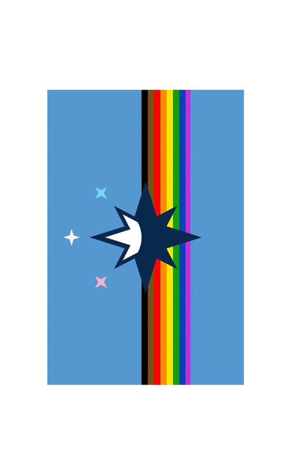 Garden flag featuring a pride version of the Springfield City flag. Springfield City Flag features  a rainbow stripe with brown and black stripes added to it. On top of the stripes is one big star with a crown and three small stars above that. White background.