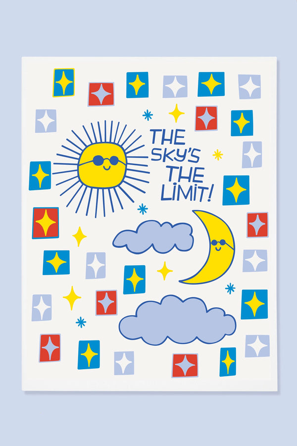 Greeting card featuring a sun and crescent moon wearing sunglasses surrounded by multi color squares with starbursts in them. The card says The Sky's the Limit!
