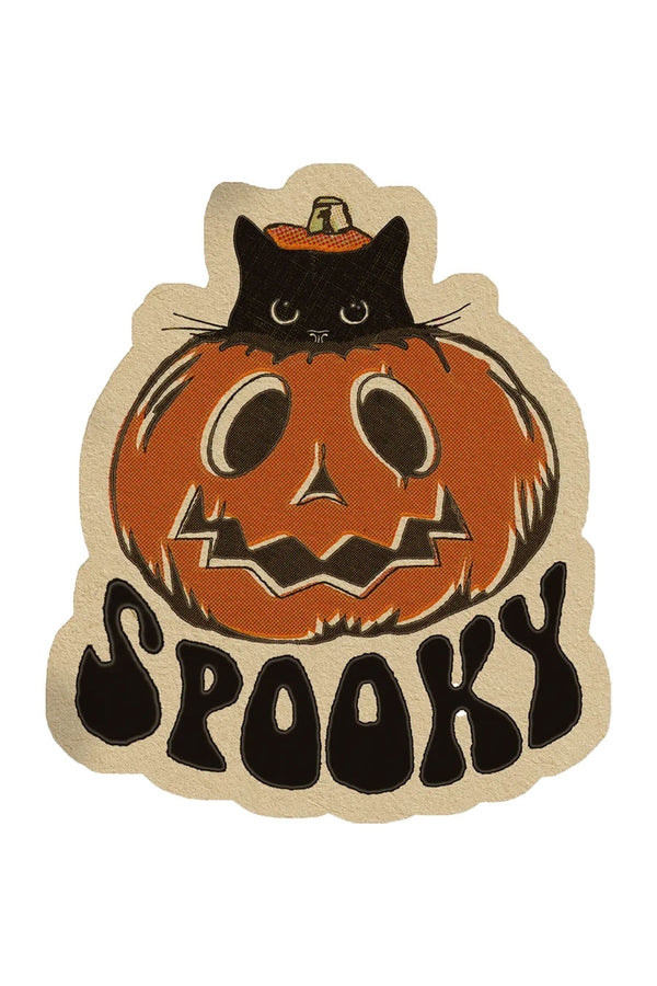 Sticker of a jackolantern with a black kitten inside poking its head out of the top of the pumpkin. Under the pumpkin, the sticker says Spooky. White background.