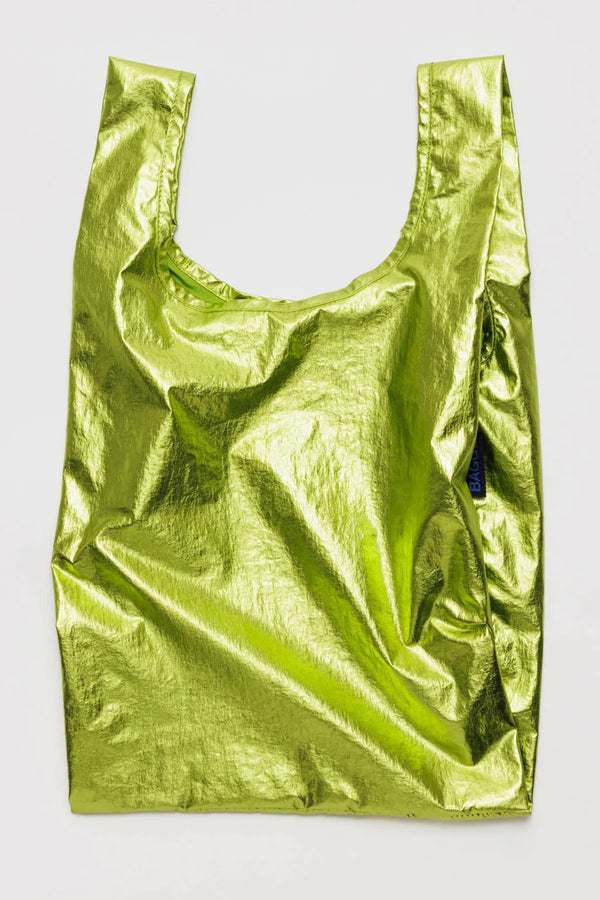 Lime Green metallic reusable tote bag. White background.