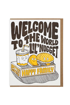 Fast food illustration of a soda, a burger, and small nugget in a sauce dip. Above the illustration the card says Welcome to the world lil' nugget.  Kraft brown envelope. White background.