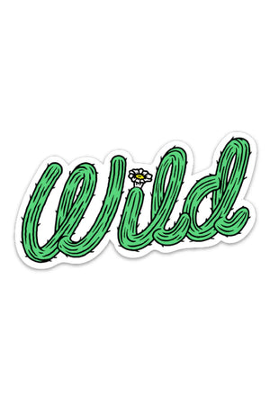 vinyl sticker that says Wild in cursive. The font is styled like a cactus with a yellow flower above the 'i'.