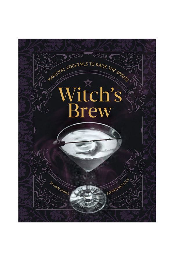 Cocktail recipe book called Witch's Brew. Teh cover is purple with a martini glass with a wand placed across the rim of the glass.  
