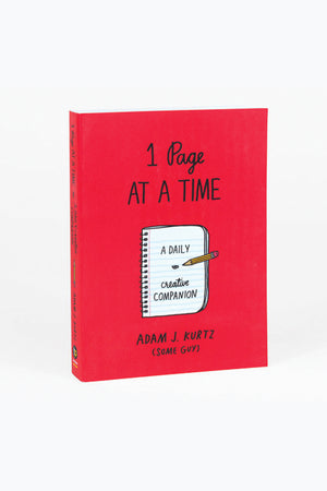 Red book with an illustrated spiral notebook that says A Daily Creative Companion. The book Title in black text reads 1 Page At a Time. Author Adam J Kurtz, some guy. White background.