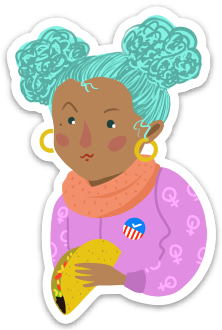 A close up of a voter girl sticker. She has teal hair in pigtail buns. Her skin is olive and she's wearing gold hoop earrings with an orange scarf and a lavender shirt with female symbols on the sleeves and an "I voted" sticker. She is holding a taco.
