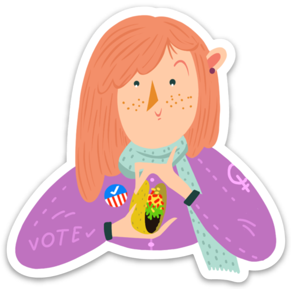 A close up of a voter girl sticker. The girl has reddish hair and light skin with freckles. She is wearing a teal scarf and a purple shirt with the words "vote" and the female symbol on each arm, respectively. She is holding a taco.