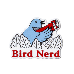 Magnet of a blue bird with binoculars. Magnet says Bird Nerd.