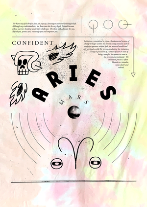 A close-up view of the Aries tee shirt design, with astrological symbols and illustrations for Aries. 