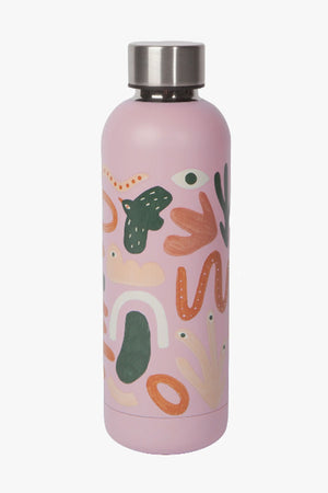 A mauve stainless steel water bottle with abstract shapes of birds, eyes, snakes, and plants in various muted greens, oranges, and tan. 