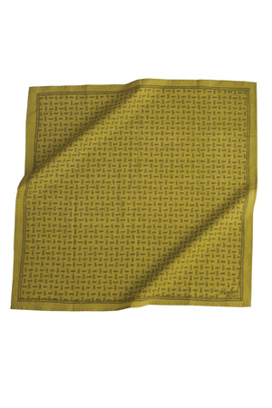 An olive green bandana with criss-crossed lines and a lined border in a dark olive green color.