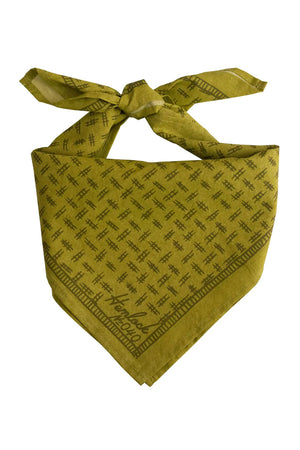 Folded and knotted olive green bandana on a white background. The bandana has darker green markings in alternating pattern with a lined border around it. 