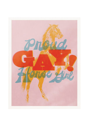 An 8x10 print with a pale purple background, a yellow horse standing up on its hind legs, and red and blue text that reads "Proud Gay Horse Girl."