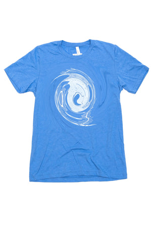 A blue t-shirt with a mysterious swirl in the middle in white ink to depict a "mystery" tee.