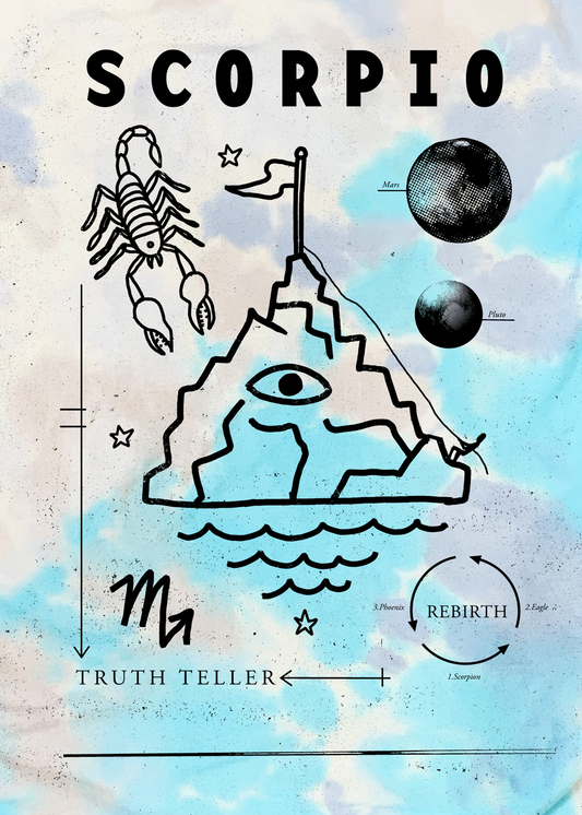 A close-up photo of the image on the Scorpio t-shirt. The shirt says "Scorpio" in black text along with the words "Truth teller" and "rebirth." It has illustrations of a scorpion, waves, planets, and a craggy mountaintop with an eyeball in the center and a small flag on top.
