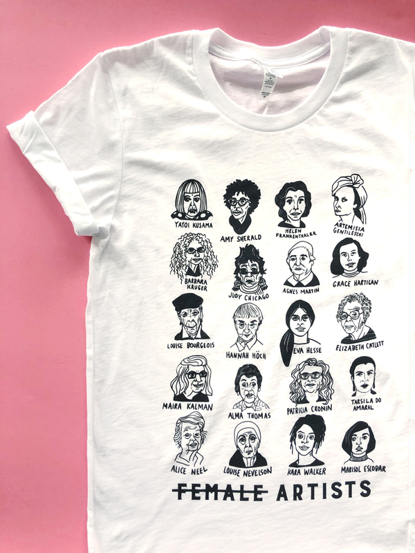 A white tee shirt with illustrations depicting historically significant female artists and their names. Bottom of the shirt reads "Female Artists" with the word "female" having a strikethrough. Shirt is on a pink background.