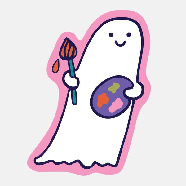 die cut sticker of a ghost against a pink background, holding a painters palette and paintbrush. 
