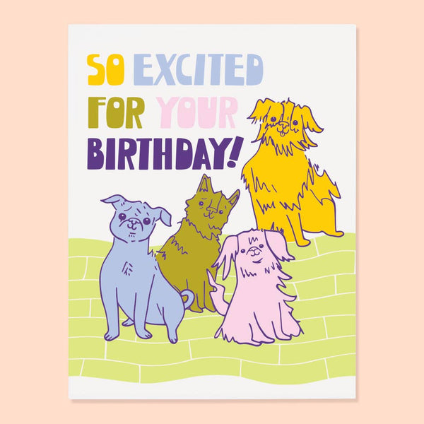 Greeting card of four illustrated dogs sitting on a green walkway. In Yellow, blue, green, pink, and purple block letters the card says So Excited for your Birthday!