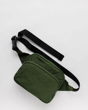 A dark green fanny pack with black straps on a white background.
