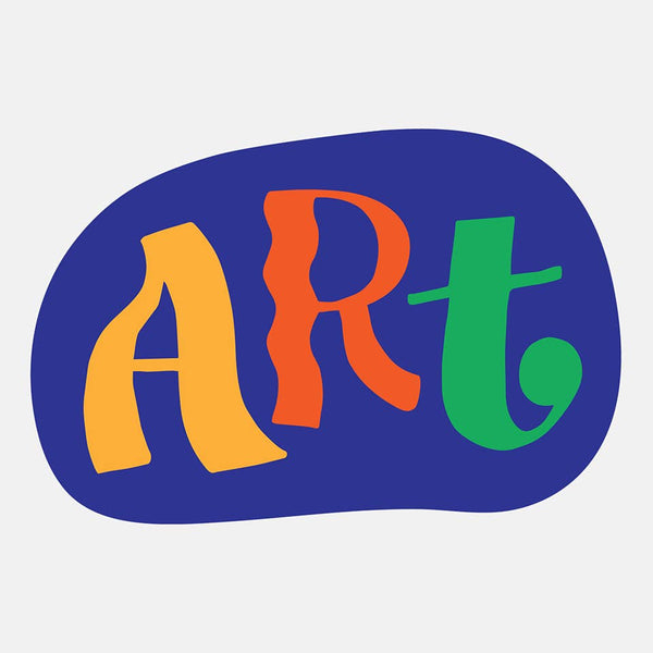 Die Cut Sticker that says ART in yellow, red, and green lettering against a blue background.