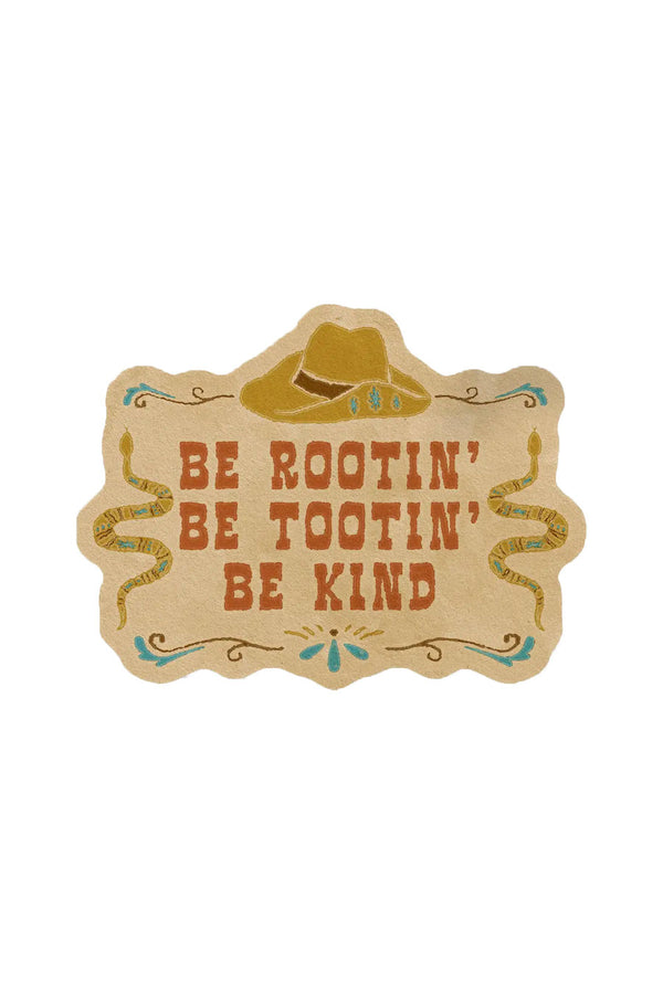 A die cut tan sticker featuring illustrations of a cowboy hat and snakes with red text that reads "Be rootin' be tootin' be kind."