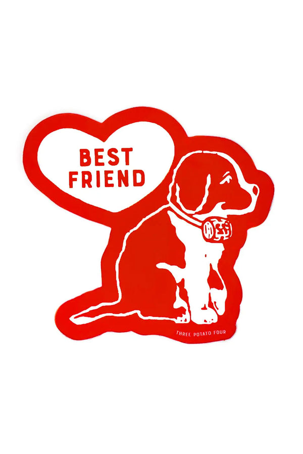 Red vinyl sticker with a white heart that says Best Friend in red, next to an illustration in white of a dog.