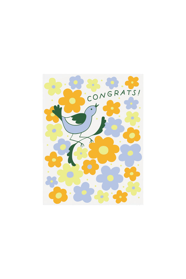 A white greeting card with a pattern of whimsical daisies and a bird standing on a small branch. The text reads "Congrats!"