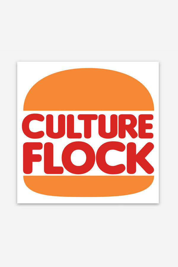 A square sticker with a hamburger bun with the words "Culture Flock" printed in between the top and bottom bun. 