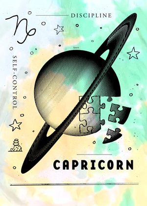 A close-up view of the symbols depicted on the t-shirt. Illustrated stars, the planet Saturn made of puzzle pieces, and the words "self-control," "discipline," and "Capricorn."