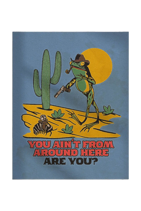 Blue poster featuring a green toad wearing a cowboy hat standing next to a cactus. The toad has a pipe in his mouth and is pointing a pistol at a desert bug sitting in a saddle on top of a larger desert bug. Below the illustration the poster says "You aint from around here are you?" in red and black western text. White background.