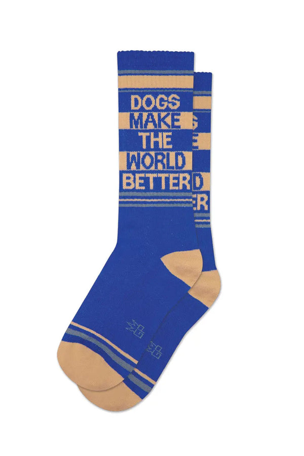 Tall crew socks on white background. The socks are blue with tan stripes across the top and tan heels and toes. The socks say Dogs Make The World Better in alternating colors of Tan and Blue. 