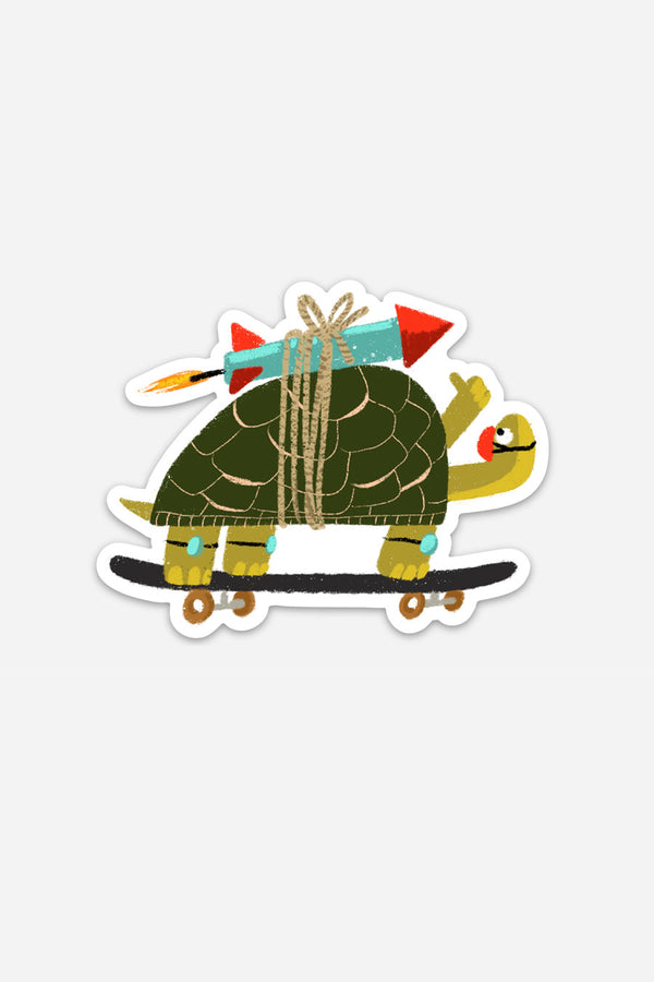 A die-cut sticker of an illustrated turtle riding a skateboard with a rocket attached to his back.