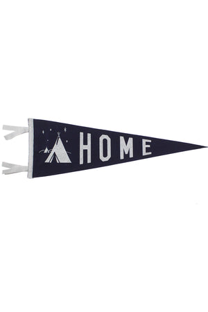 A navy pennant with a white edge. Next to an illustration of a tent under the stars are the words "Home" in white letters.