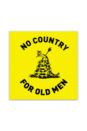Yellow square sticker that says in black text No country for old men surrounding an illustration of a snake that has been shot with an arrow.