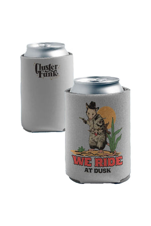 A view of the front and backside of the opossum cowboy koozie. The backside of the koozie has "Cluster Funk studio" written in brown text.