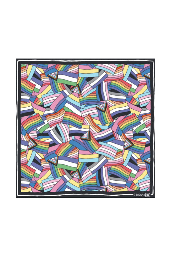 Pride theme bandana. The bandana features black and white border and features the progress pride, transgender, bisexual, asexual, genderqueer, and nonbinary pride flags.
