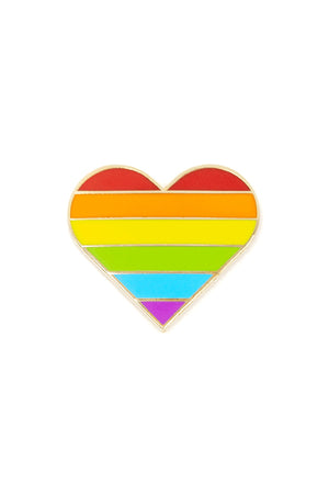 Enamel pin of a heart featuring the colors of the pride flag. white background.