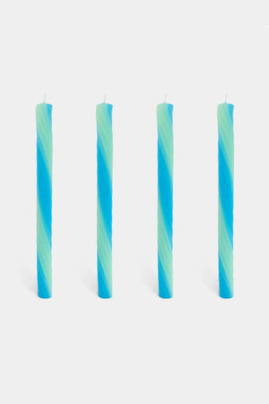 Four Blue and Aqua Green swirled rope design votive candles against a white background.