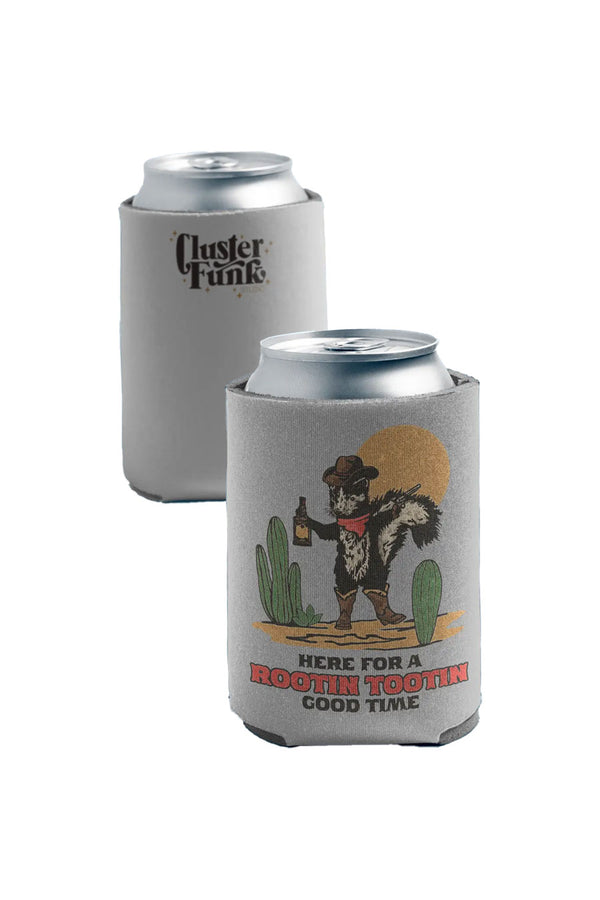 A view of the front and back of the Skunk Cowboy Koozie. The backside has "Cluster Funk studido" written in brown text. 