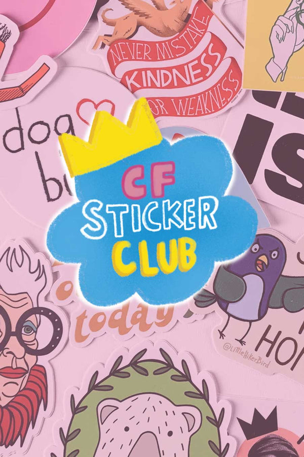 A collage image of stickers in the background with a logo for the Culture Flock sticker club in the foreground.
