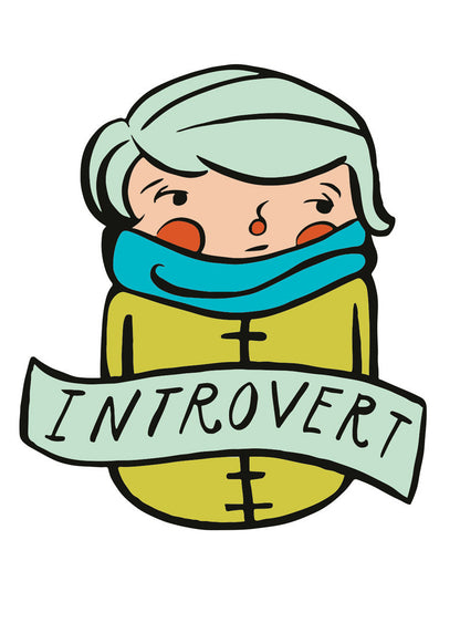 A die-cut sticker of an illustrated whimsical person in a mustard yellow overcoat and teal scarf with rosy cheeks. Across their chest is a banner that reads "Introvert."
