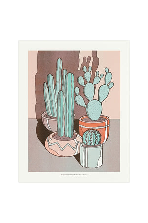 Risograph print of four different potted cacti casting a shadow against a peach wall. White background.